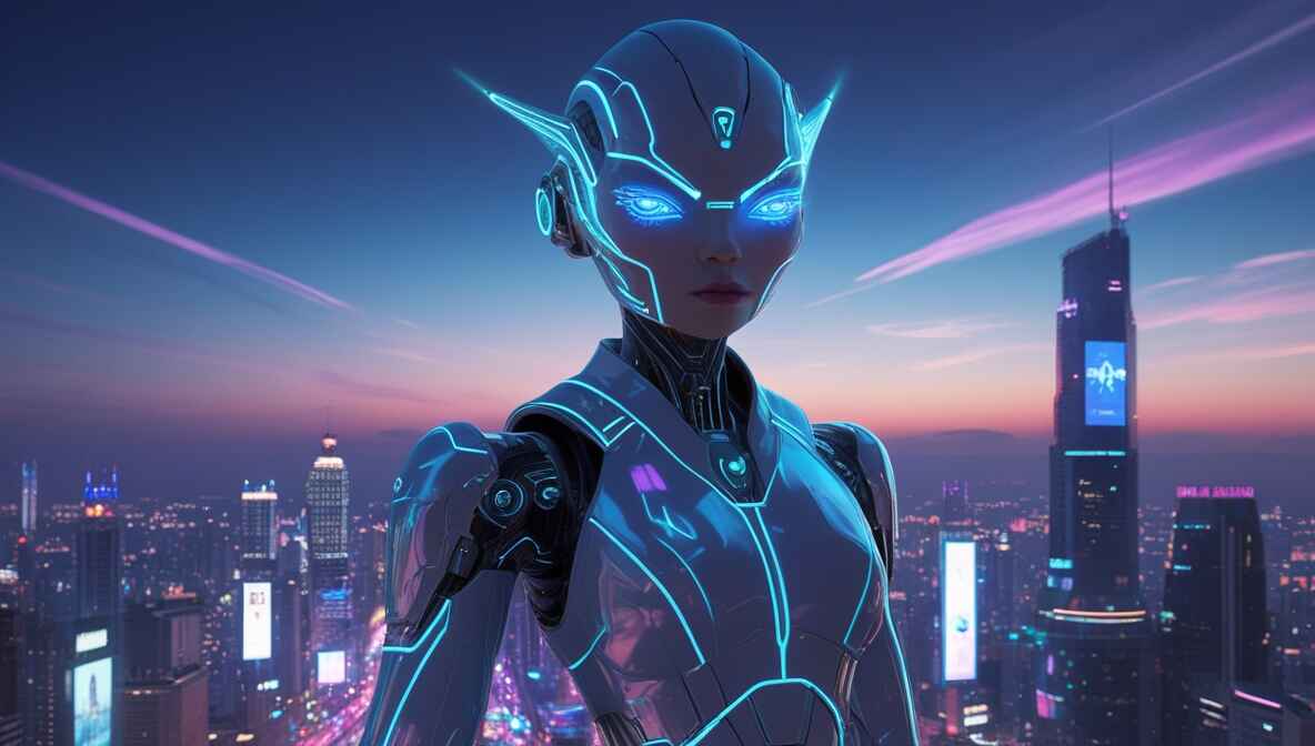 Futuristic AI entity guarding a digital landscape, representing the future of AI in cybersecurity.