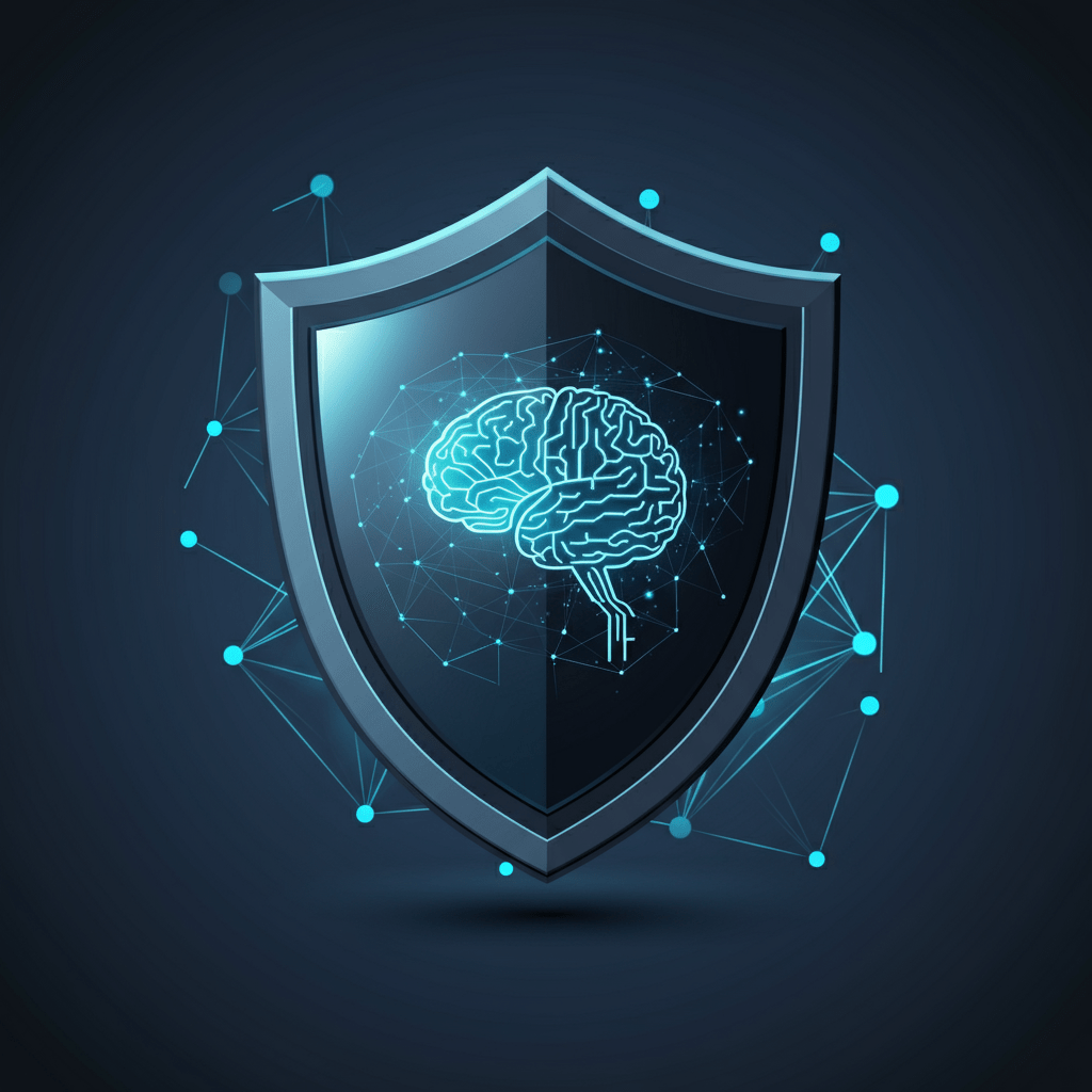 Illustration of AI in cybersecurity with a digital shield and interconnected networks.