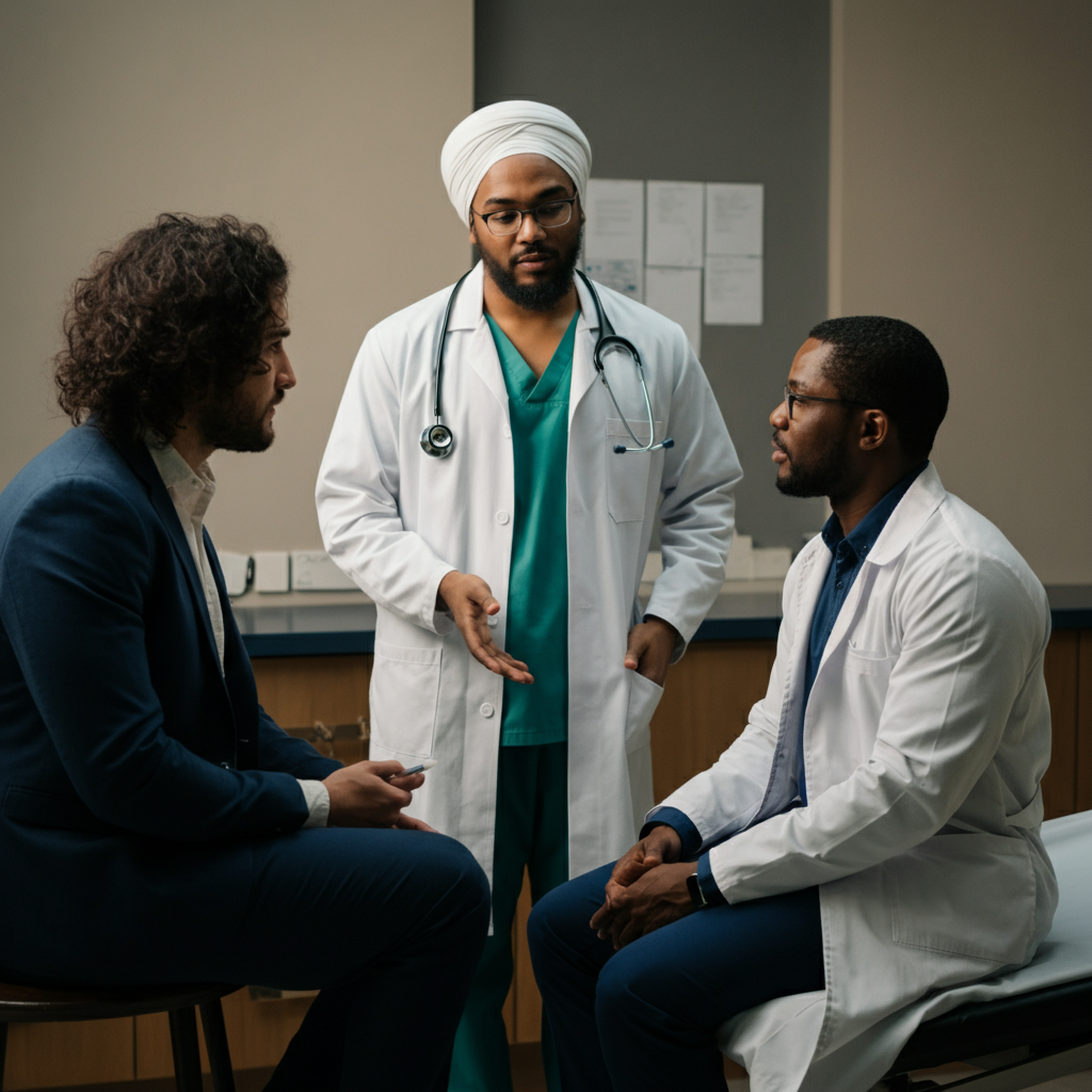 Doctor and patient communicating with an interpreter, focusing on cultural sensitivity.