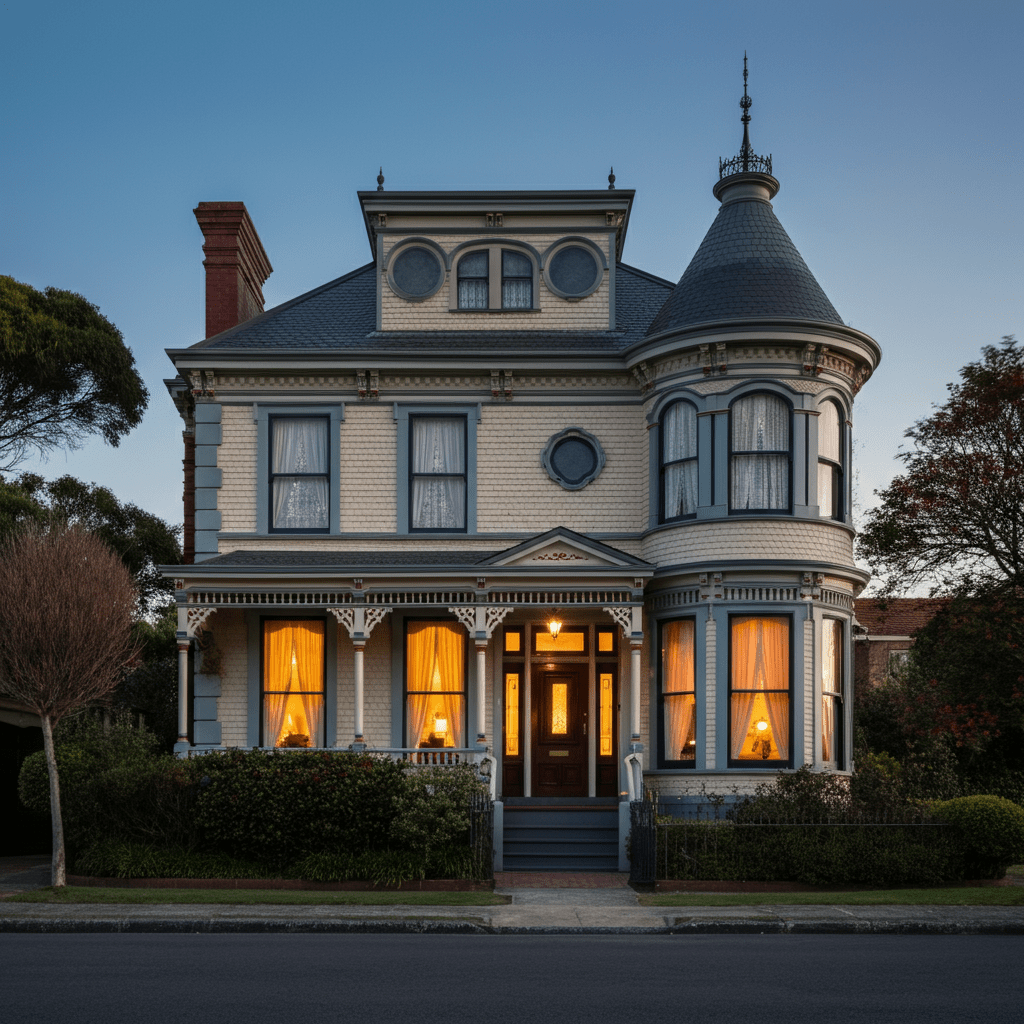 Classic Victorian house with steep roofs and bay windows.