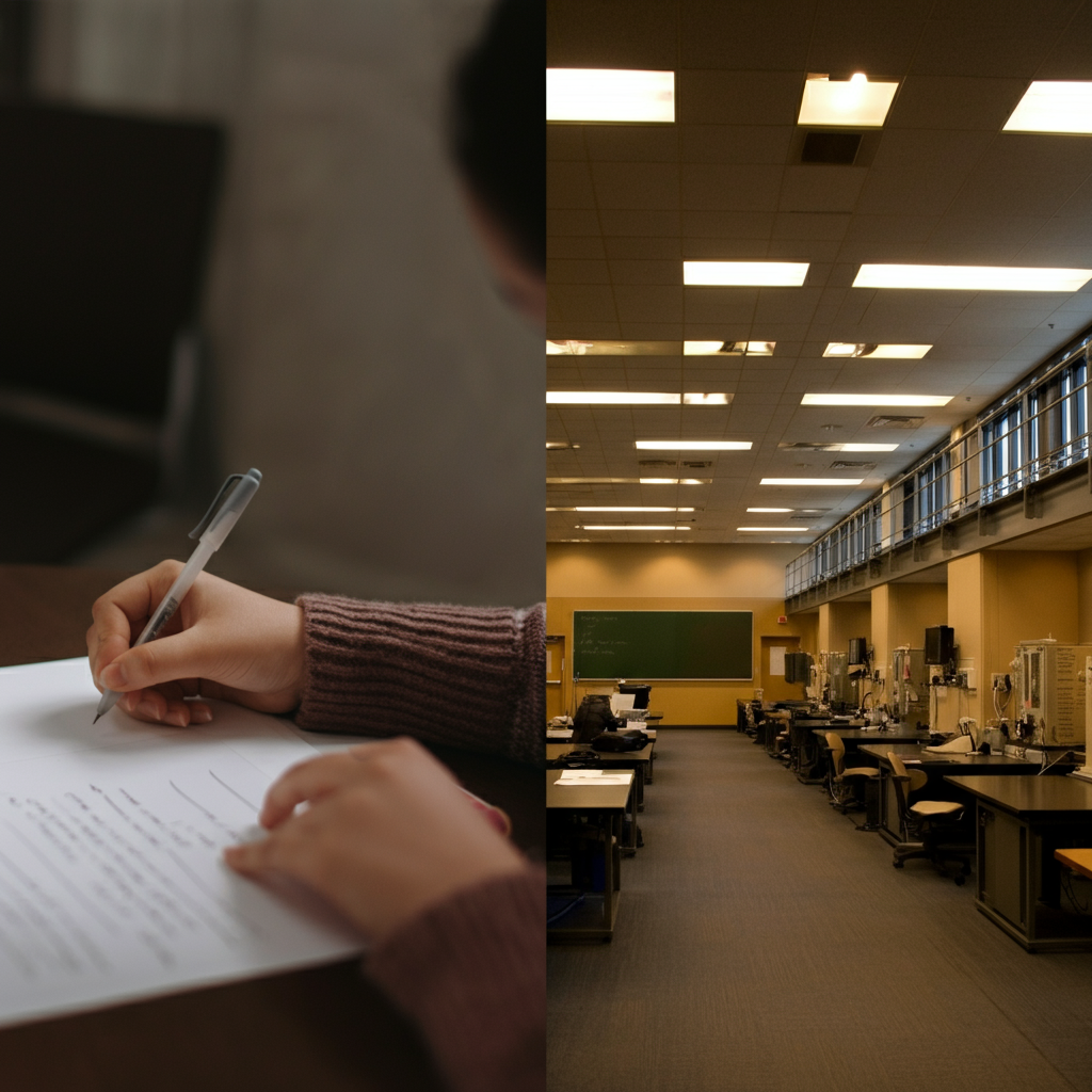 A split-frame view of a student writing an essay and a Georgia Tech classroom setting.