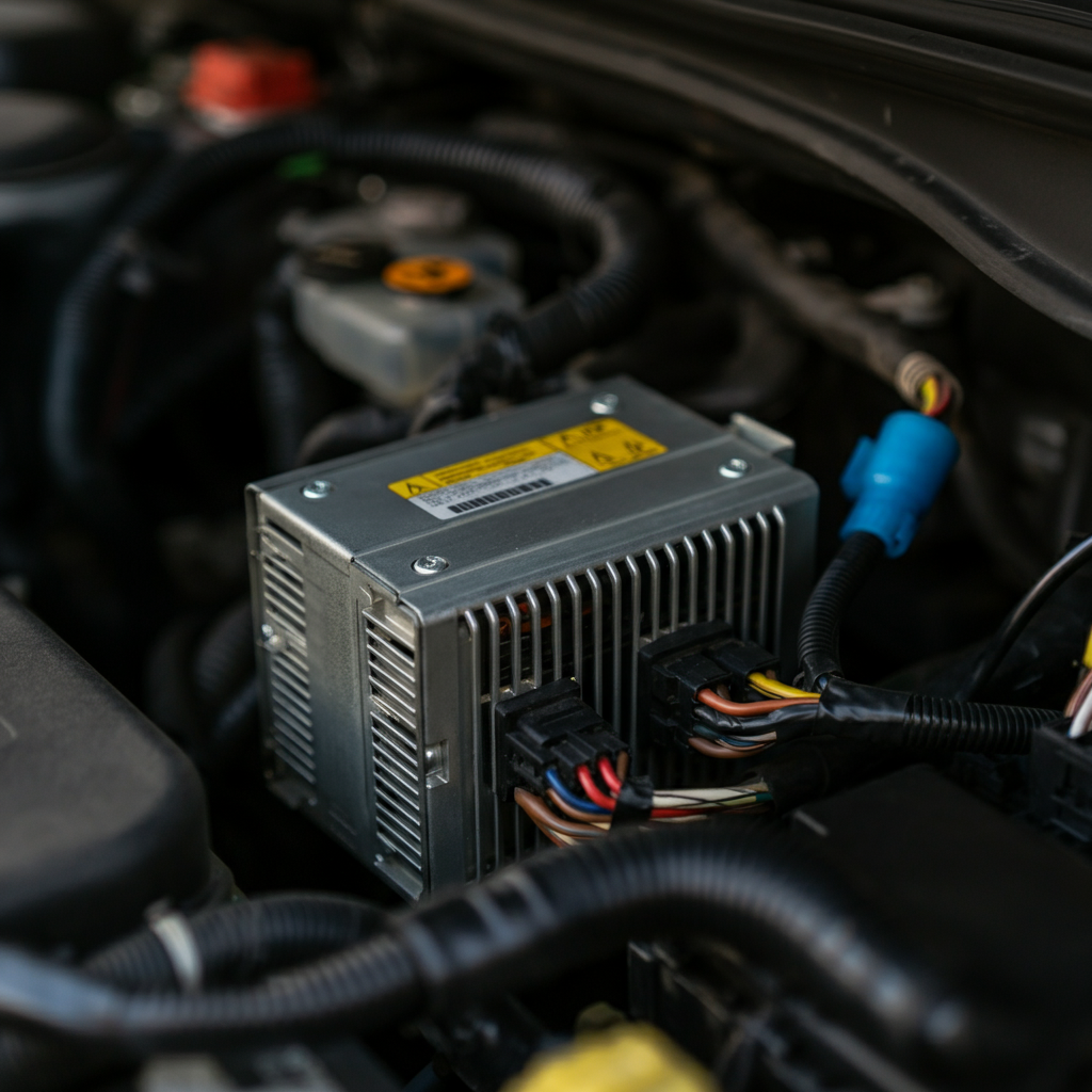 Automotive power supply unit connected to a car's battery and electrical system.