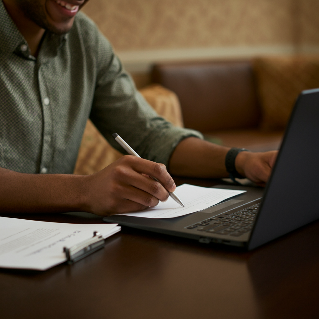 A student preparing for the Georgia Tech supplemental essay with research materials and notes.