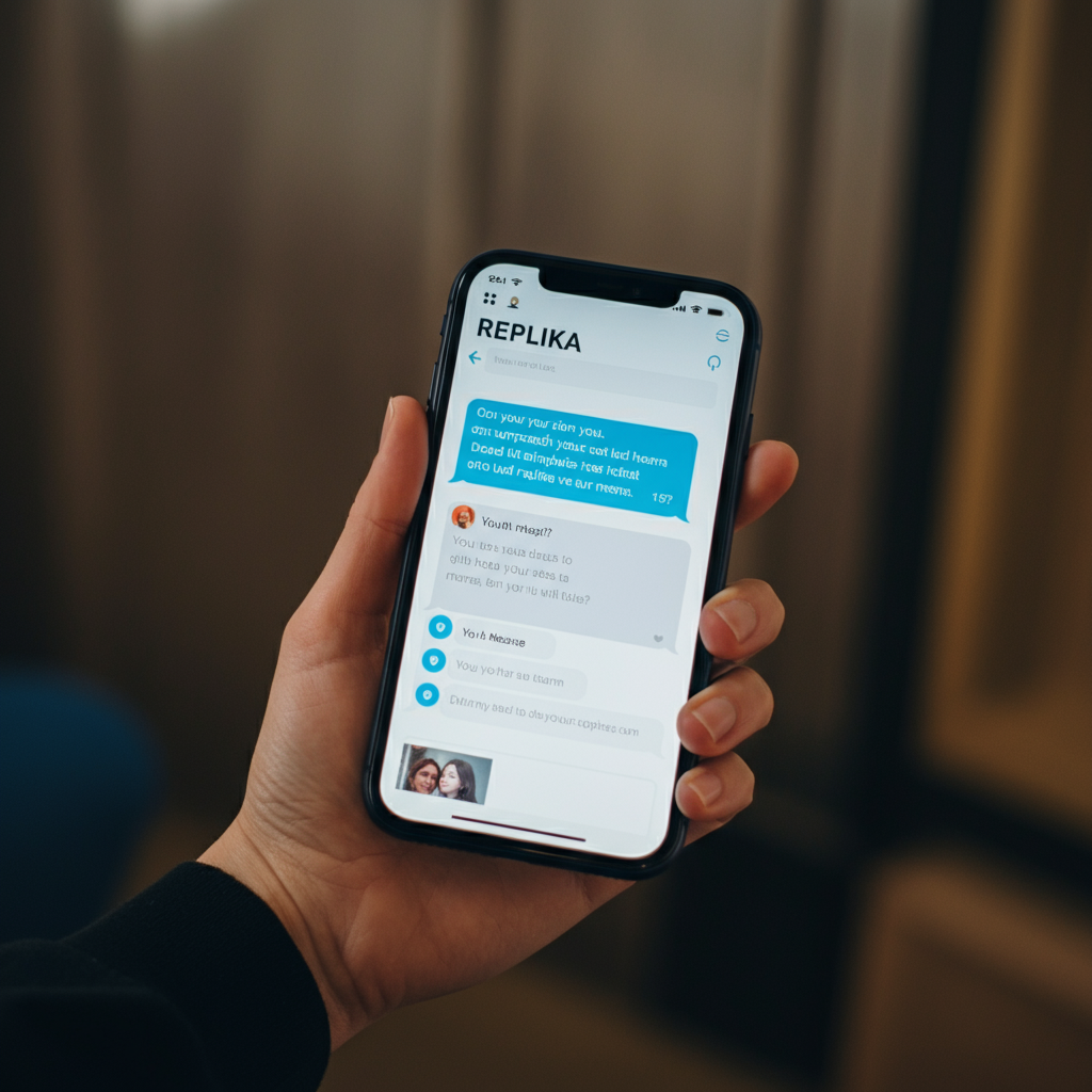 "A hand holding a smartphone displaying the Replika app, with a chat interface offering supportive messages."