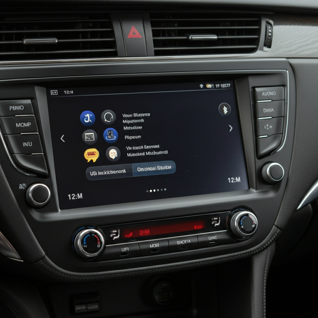 Modern car audio system with a computer-based interface featuring a touch screen and USB ports.