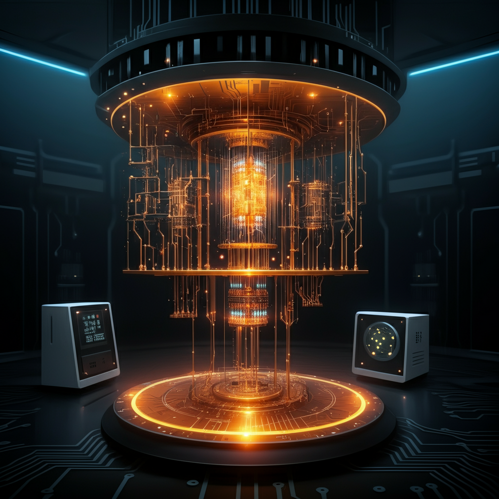 Illustration of a quantum computer showcasing qubits in a glowing superposition state