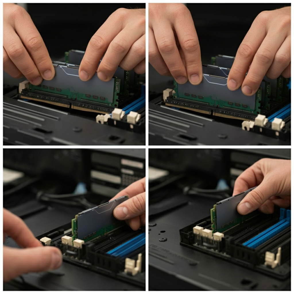 "Step-by-step guide to installing a RAM stick in an HP Compaq 6005 Pro."