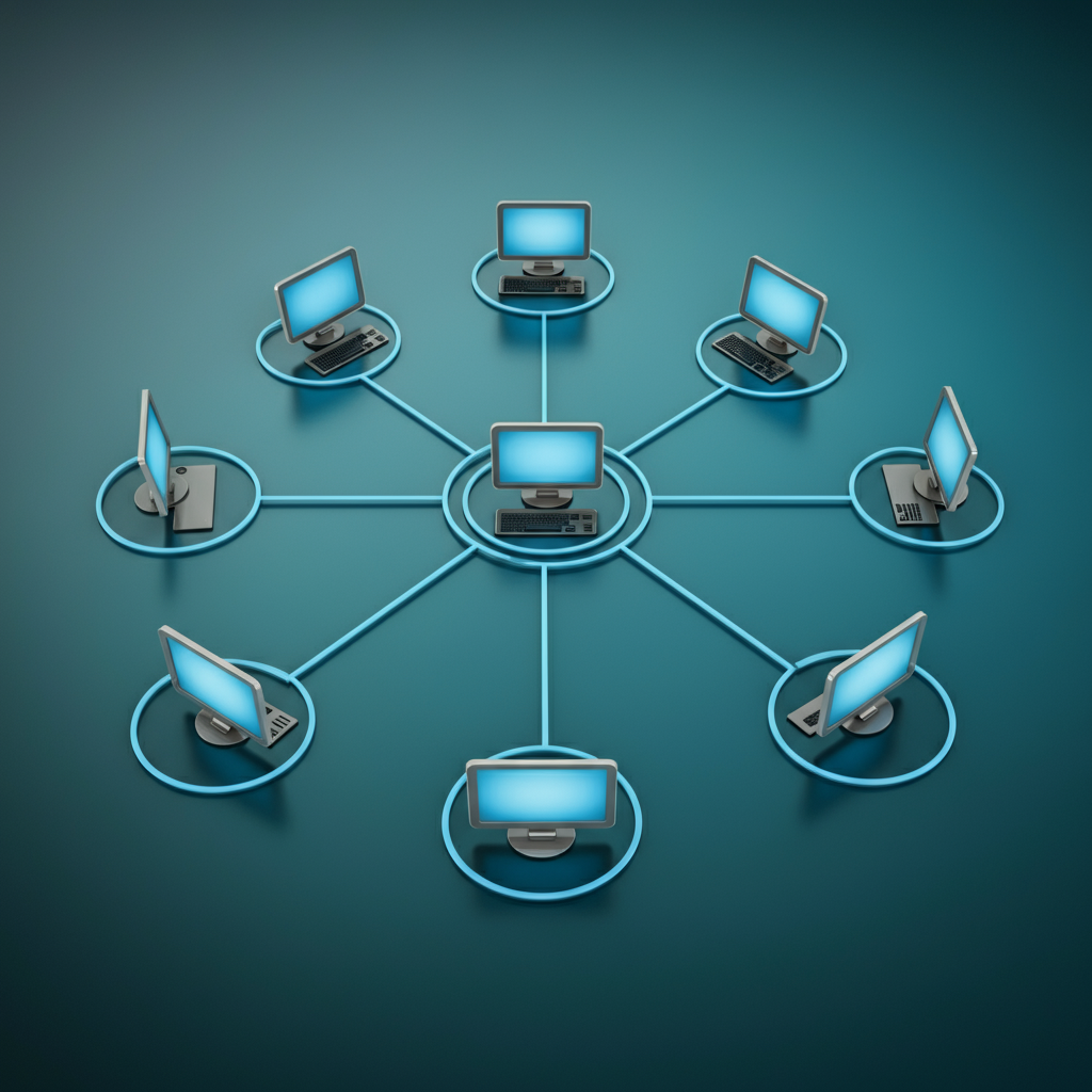 An illustration of a decentralized blockchain network with interconnected computers