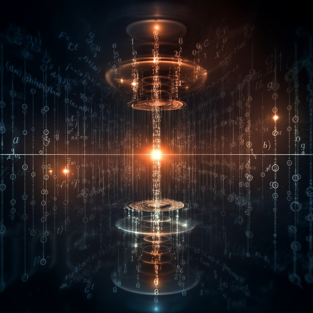 Visualization of Shor's algorithm breaking RSA encryption with quantum bits and mathematical equations