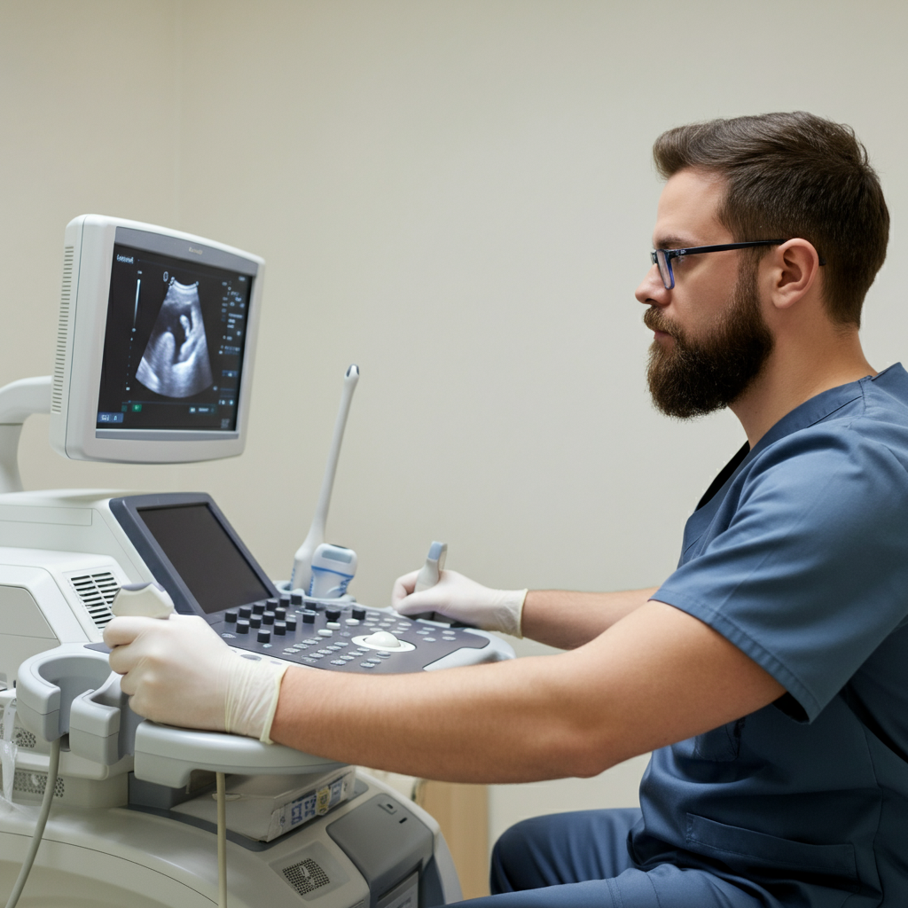 Sonographer conducting an ultrasound scan in a healthcare facility.