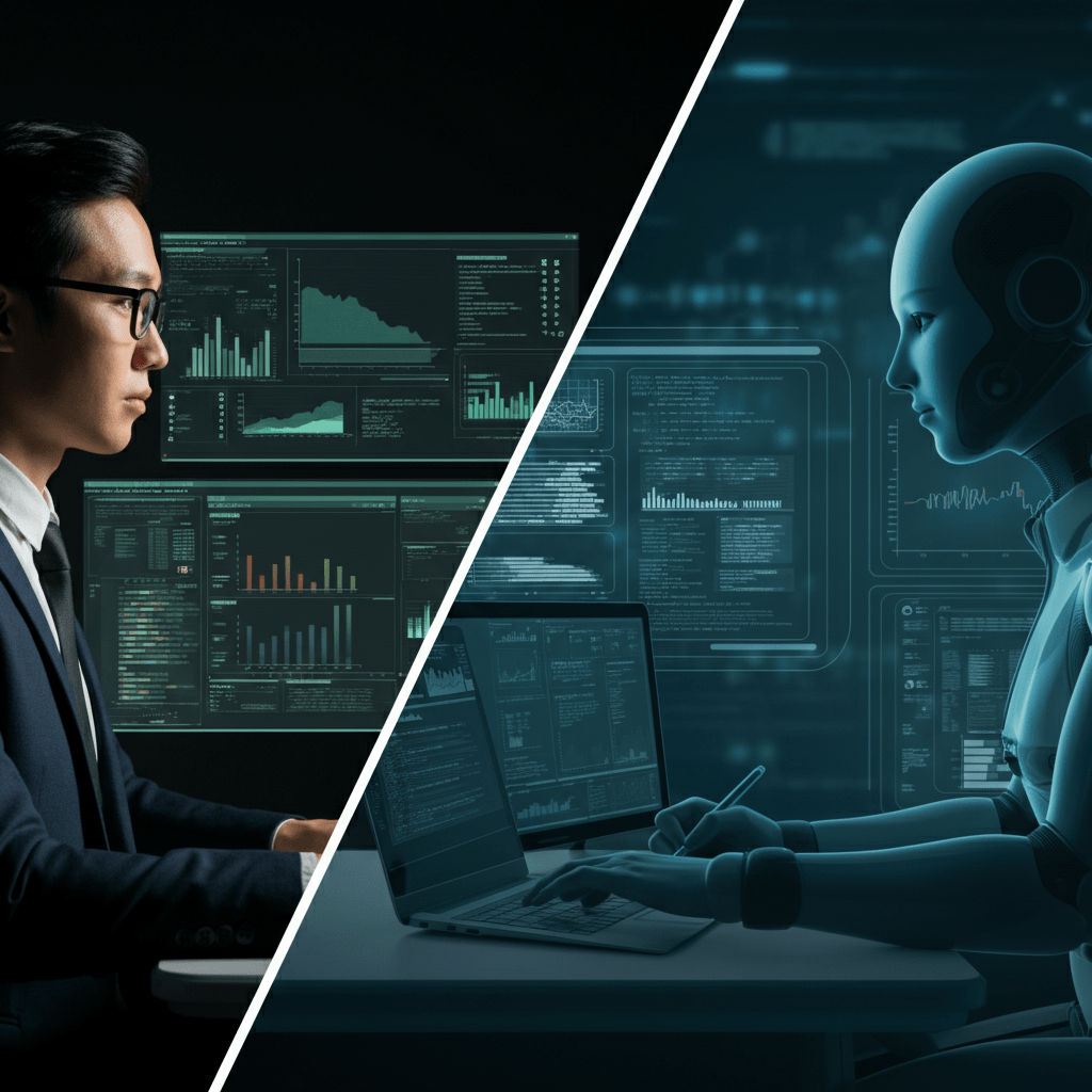 Comparison of human analysts and AI systems analyzing data for cybersecurity.