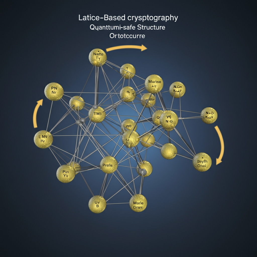 A graphical depiction of lattice-based cryptography with interconnected nodes and quantum-safe structures.