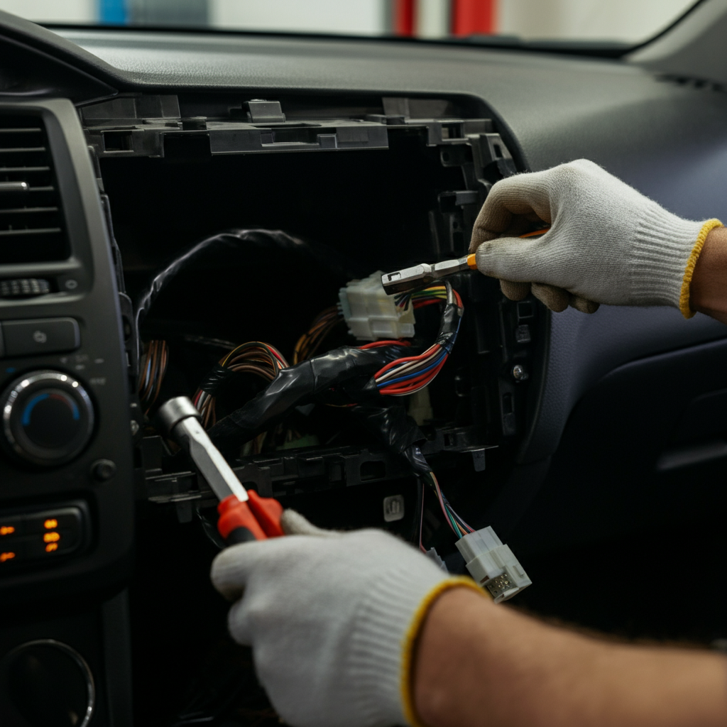 Mechanic removing a car stereo head unit using tools with wiring visible.