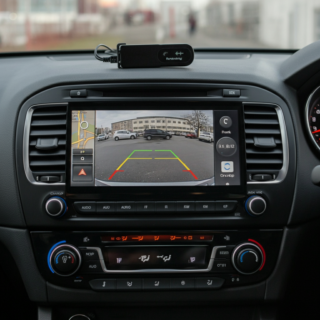 Car dashboard featuring GPS module and reverse camera display as additional peripherals.