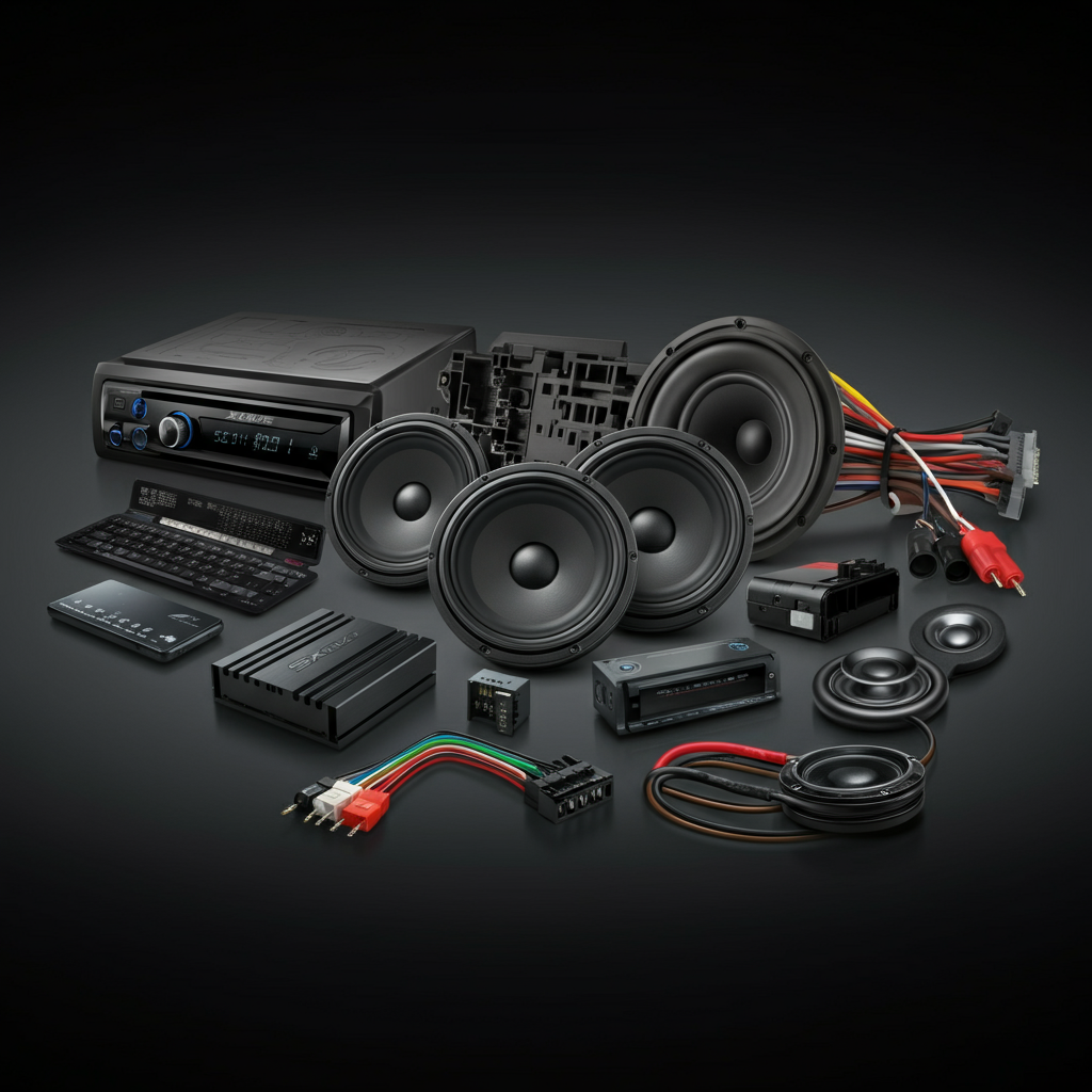 Diagram of car stereo components including head unit, speakers, amplifier, and wiring.