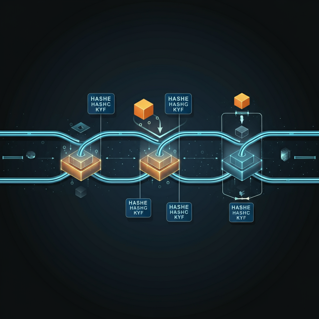 A diagram showing how blocks are added to a blockchain with hashes and cryptographic keys